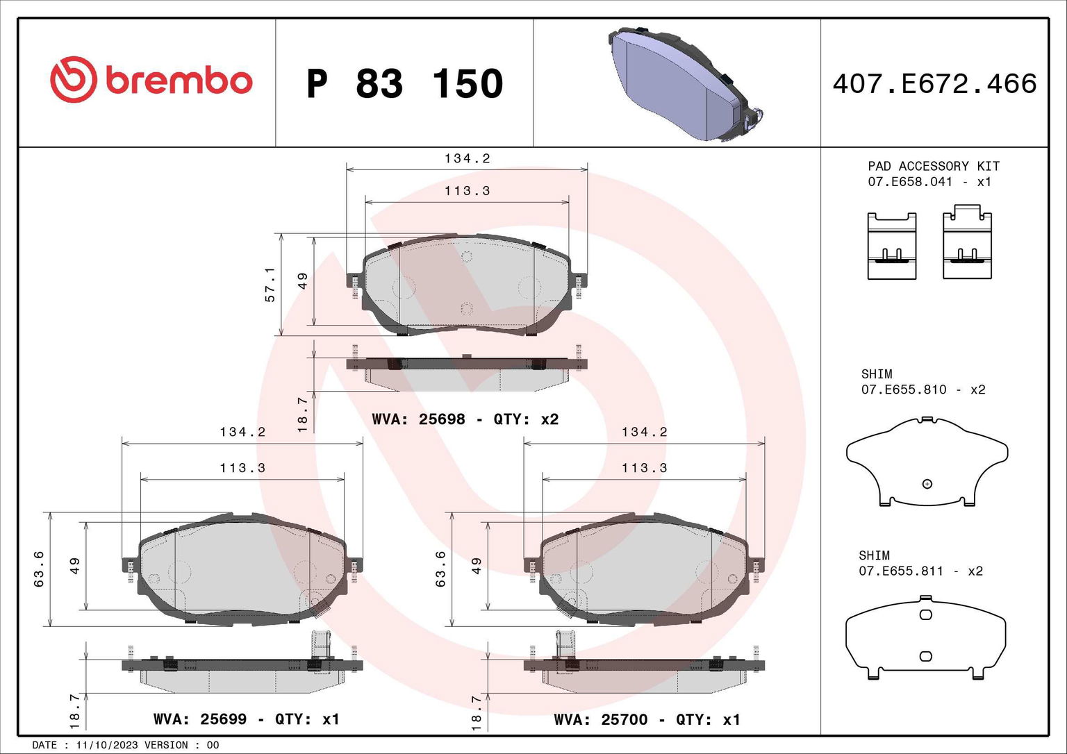 BREMBO Sada brzdových doštičiek P 83 150