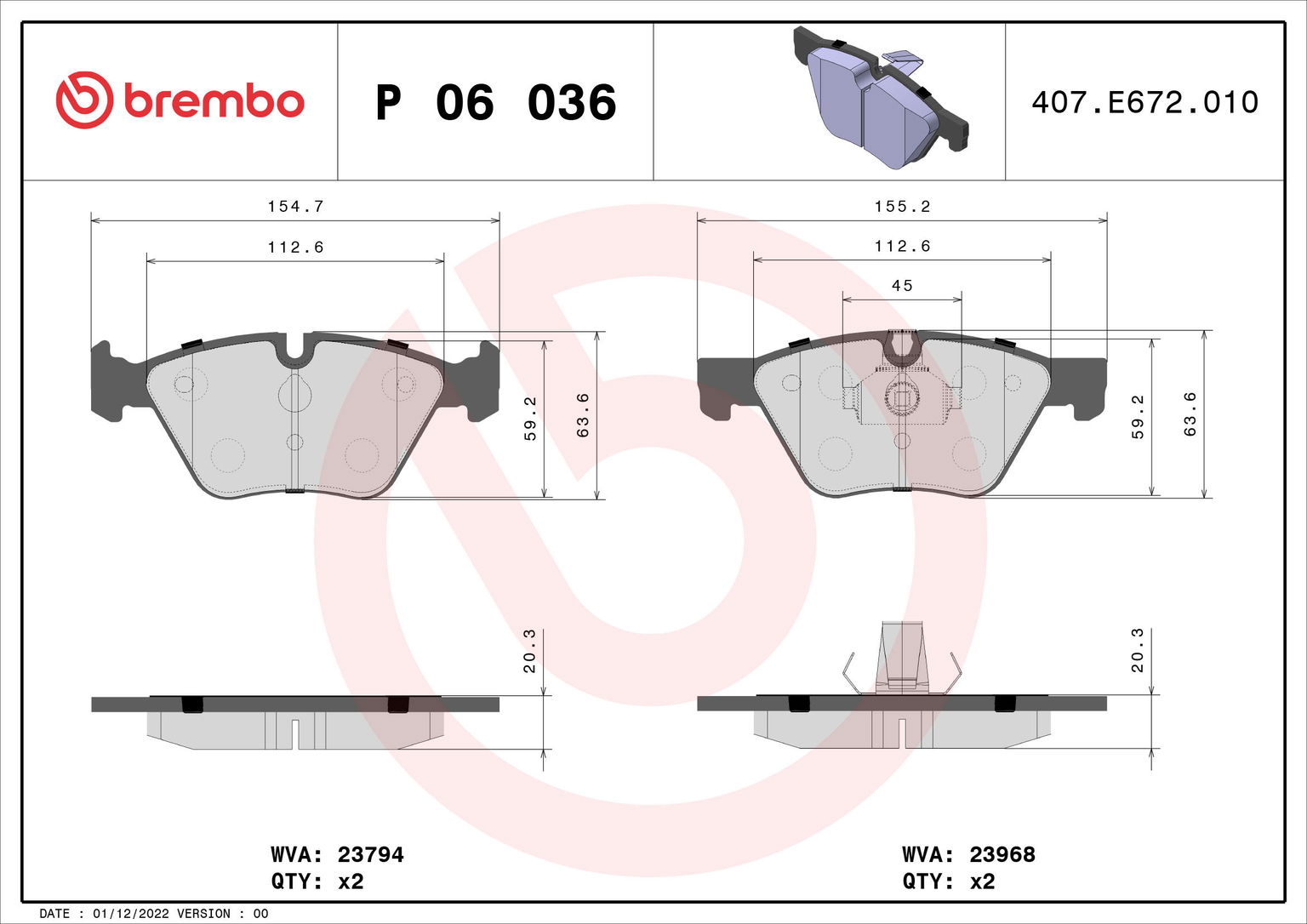 BREMBO Súprava brzdových doštičiek P 06 036