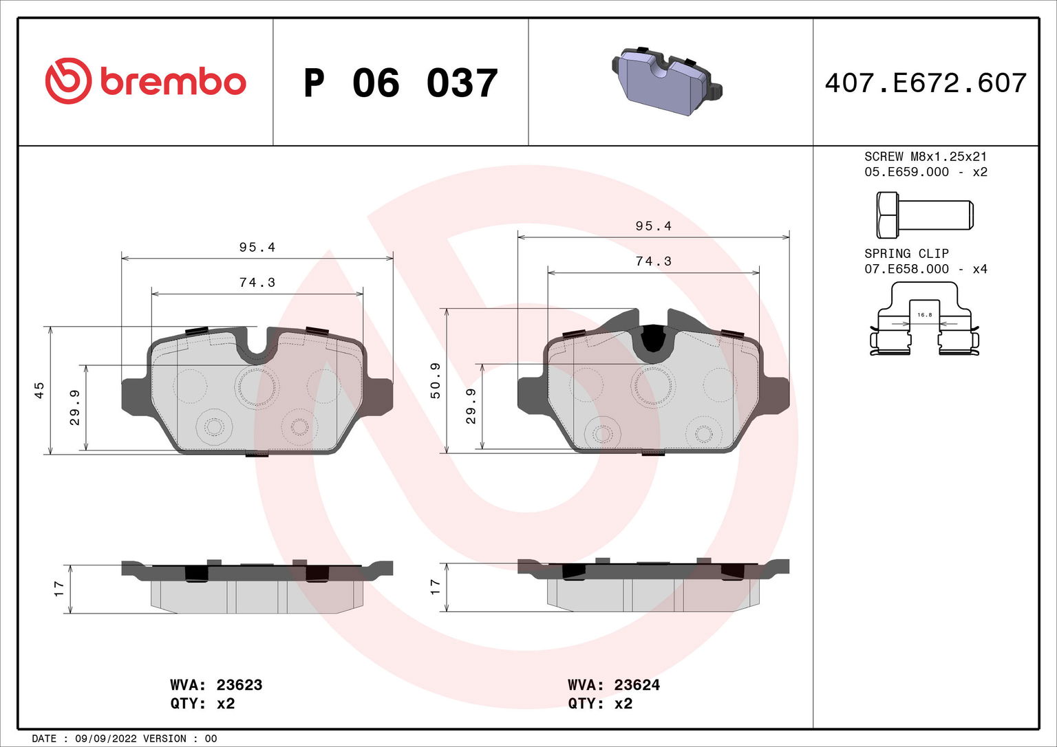BREMBO Súprava brzdových doštičiek P 06 037