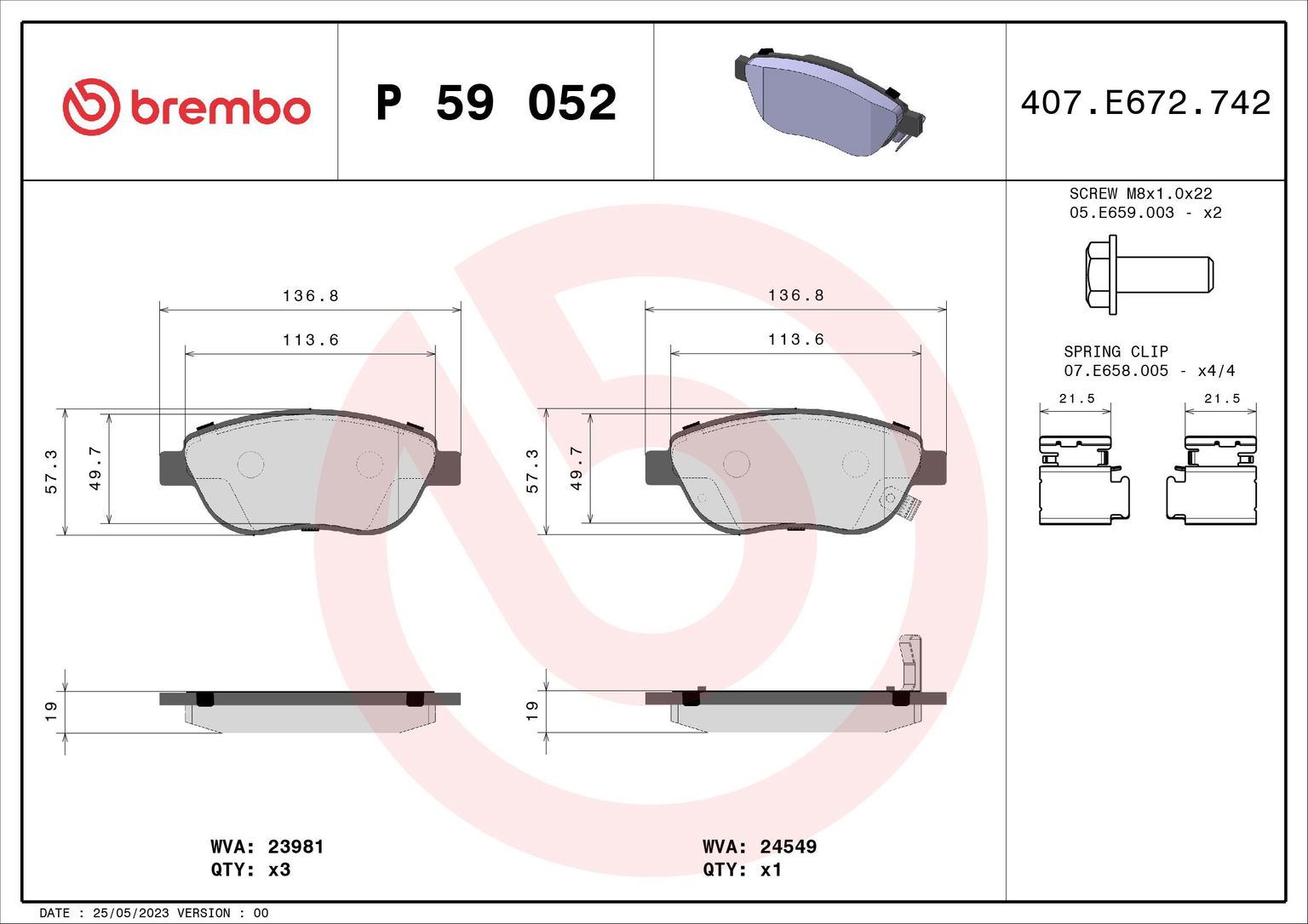 BREMBO Súprava brzdových doštičiek P 59 052