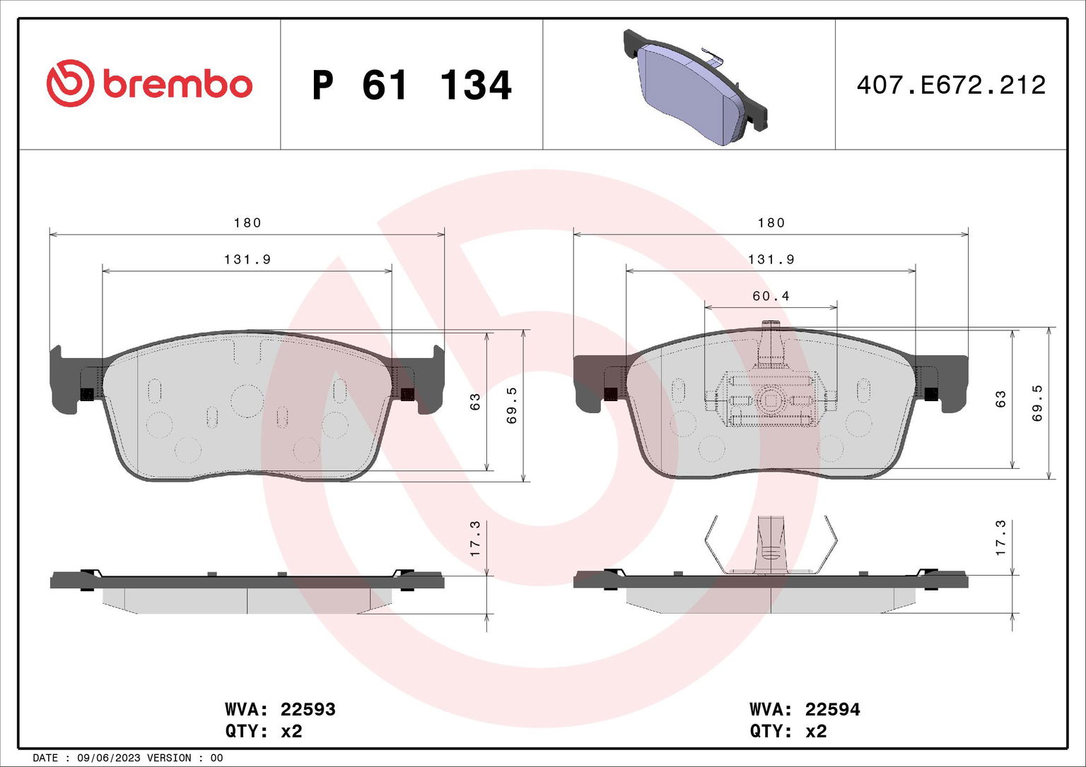 BREMBO Súprava brzdových doštičiek P 61 134