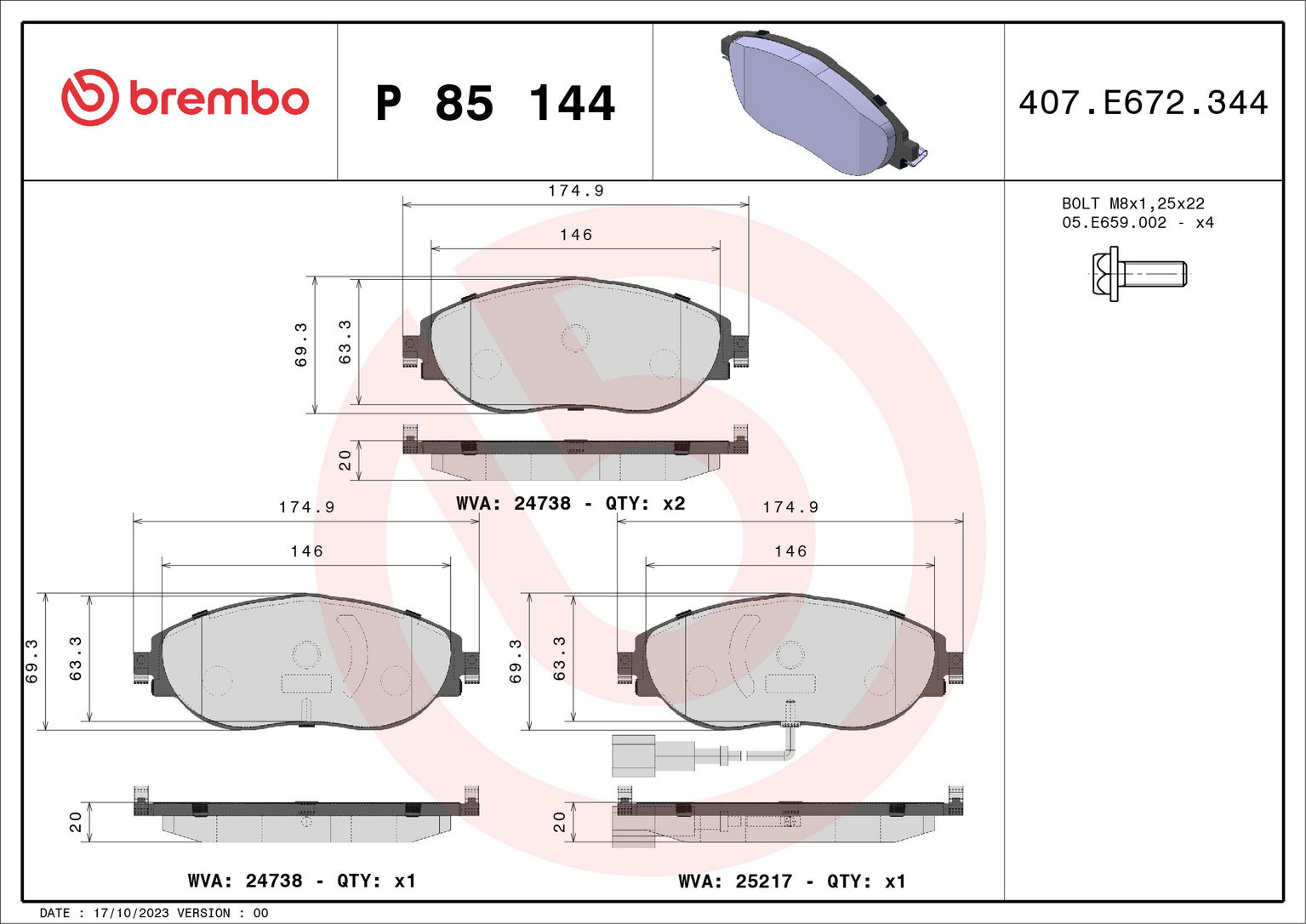 BREMBO Súprava brzdových doštičiek P 85 144X
