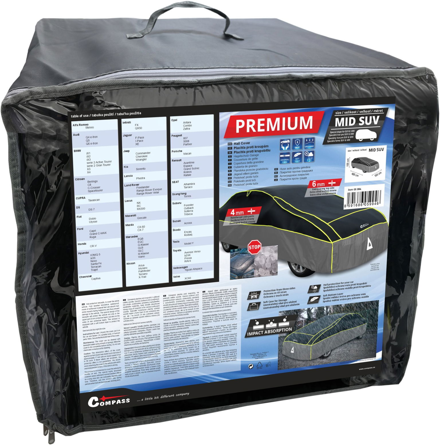 COMPASS ochranná plachta proti krúpam Premium MID SUV 480 × 195 × 155 cm