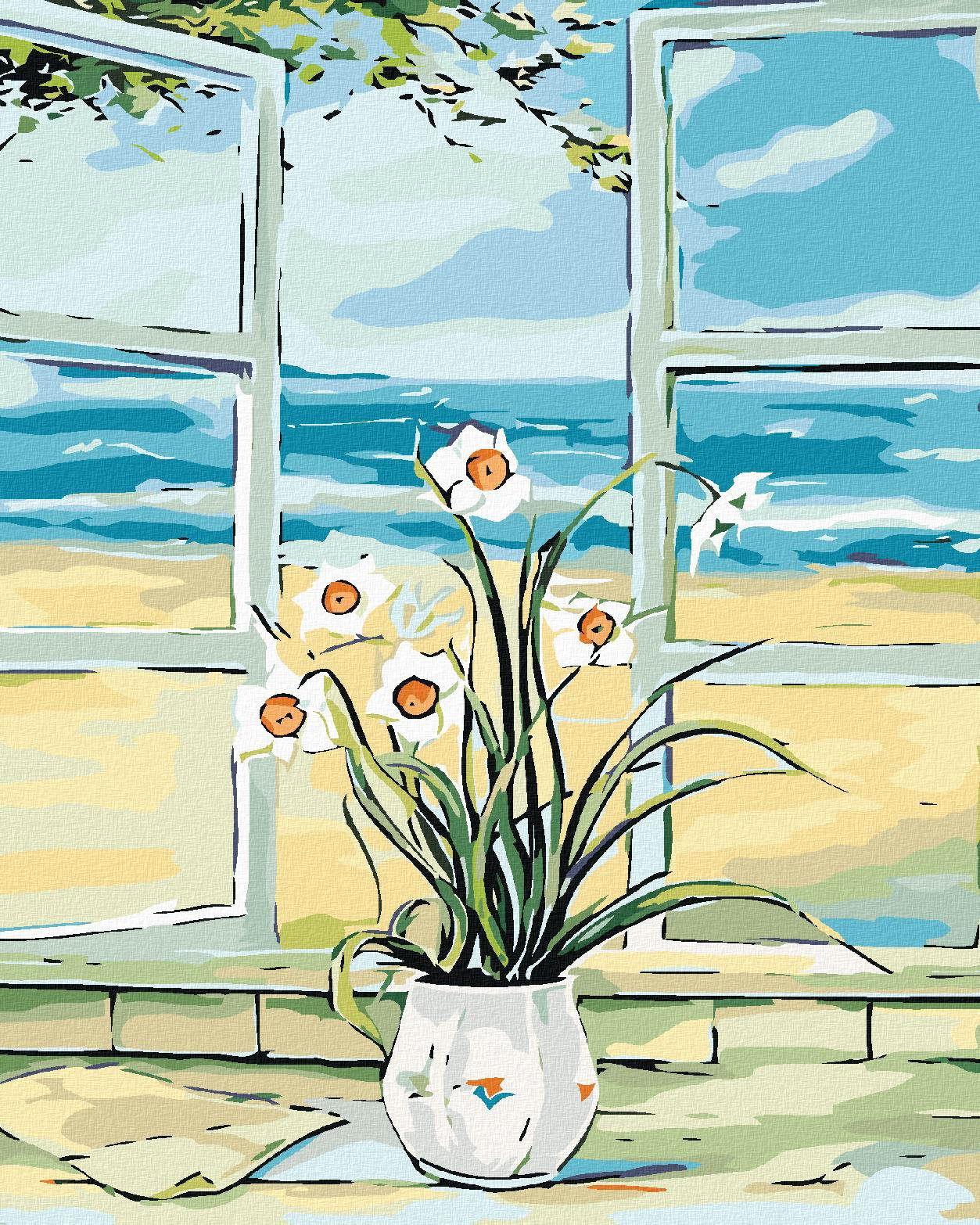 Diamondi – NARCIS V OKNE NA PLÁŽI, 40 × 50 cm, napnuté plátno na rám