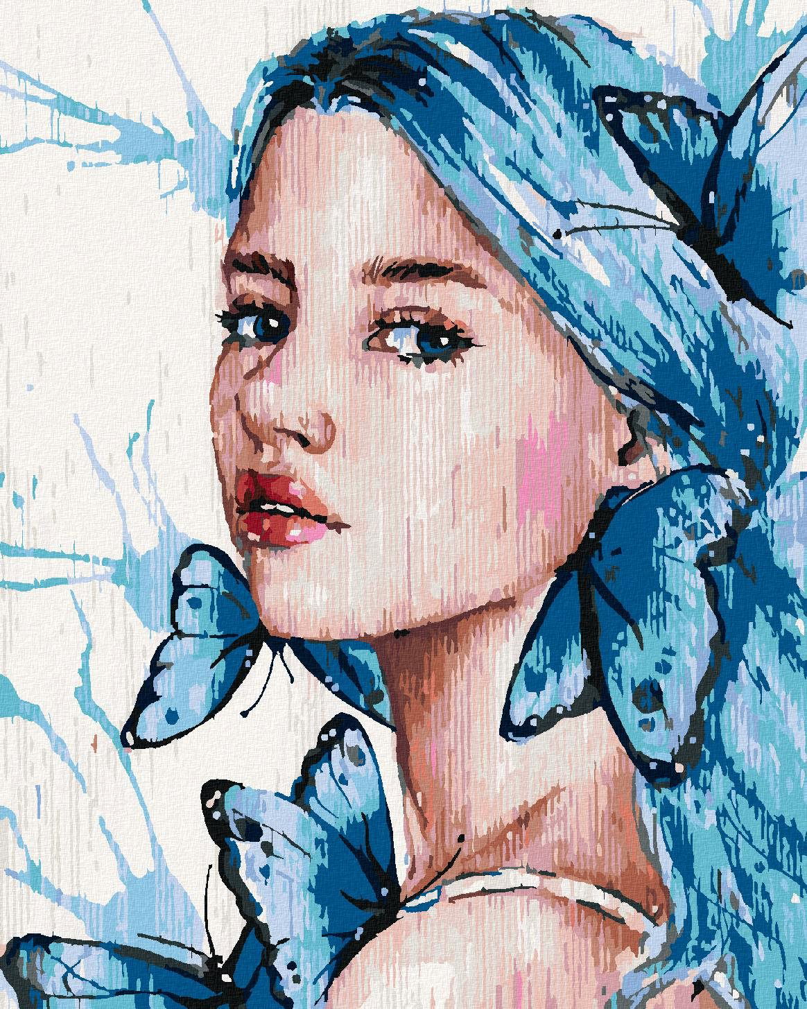 Dievča s modrými vlasmi a motýľmi, 80 × 100 cm, plátno napnuté na rám