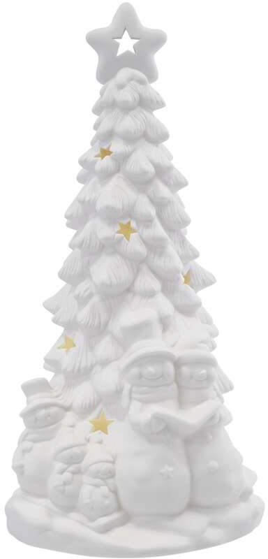 EMOS LED keramický stromček so snehuliakmi, 33,5 cm, 2× AA, vnútorný, teplá biela