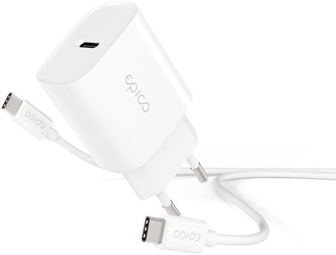 Epico 20 W PD sieťová nabíjačka s 1,2 m USB-C na USB-C káblom – biela