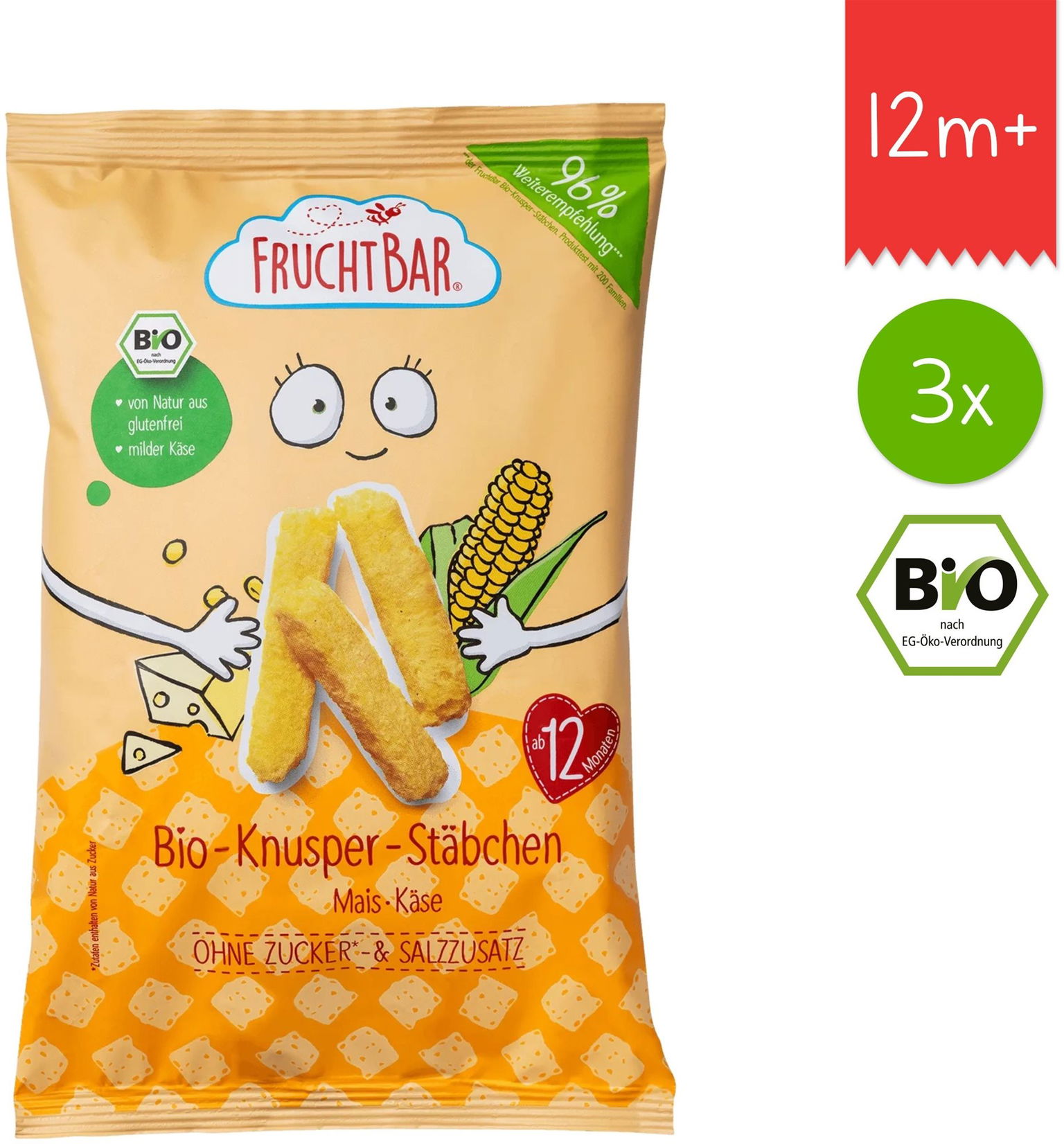 FruchtBar BIO kukuričné chrumky so syrom nesolené 3× 30 g