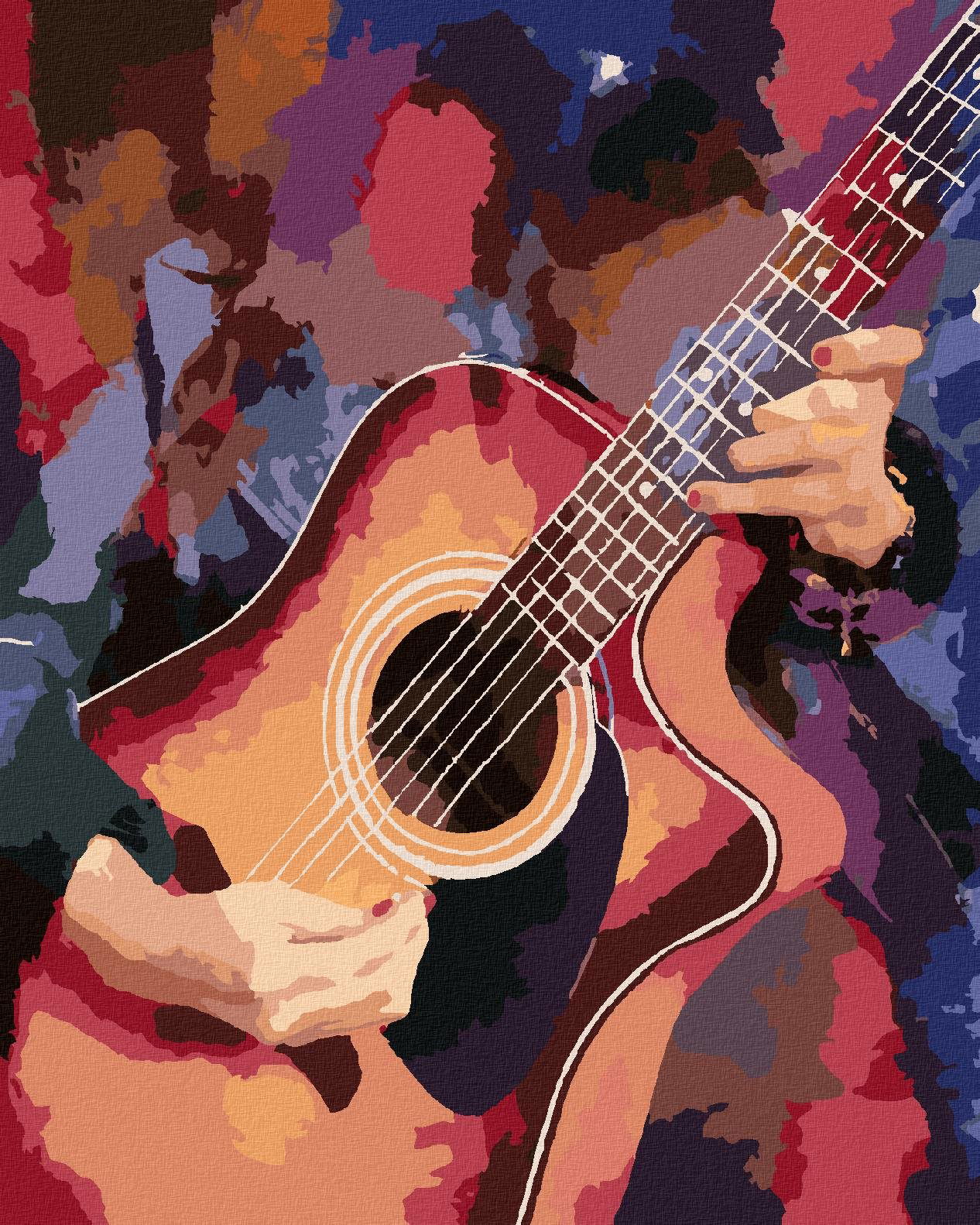 Gitara na farebnom pozadí, 80 × 100 cm, vypnuté plátno na rám