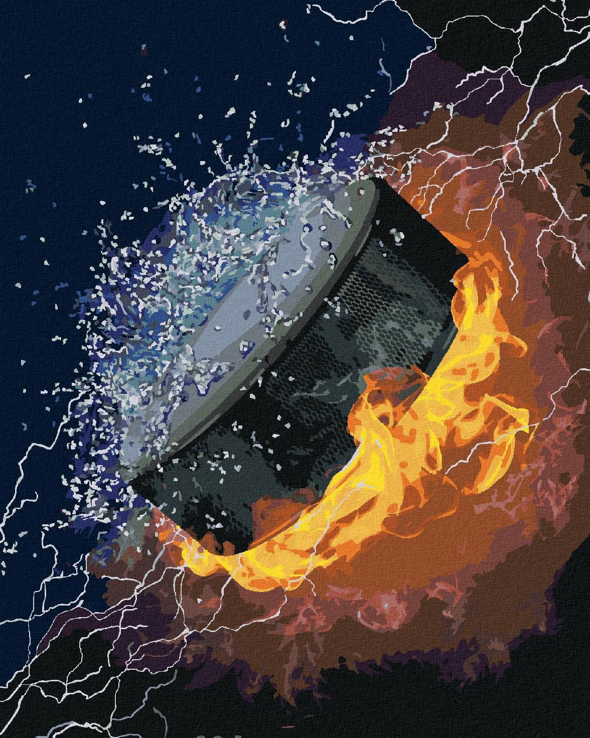Hokejový puk vo vode a ohni, 40 × 50 cm, plátno napnuté na rám