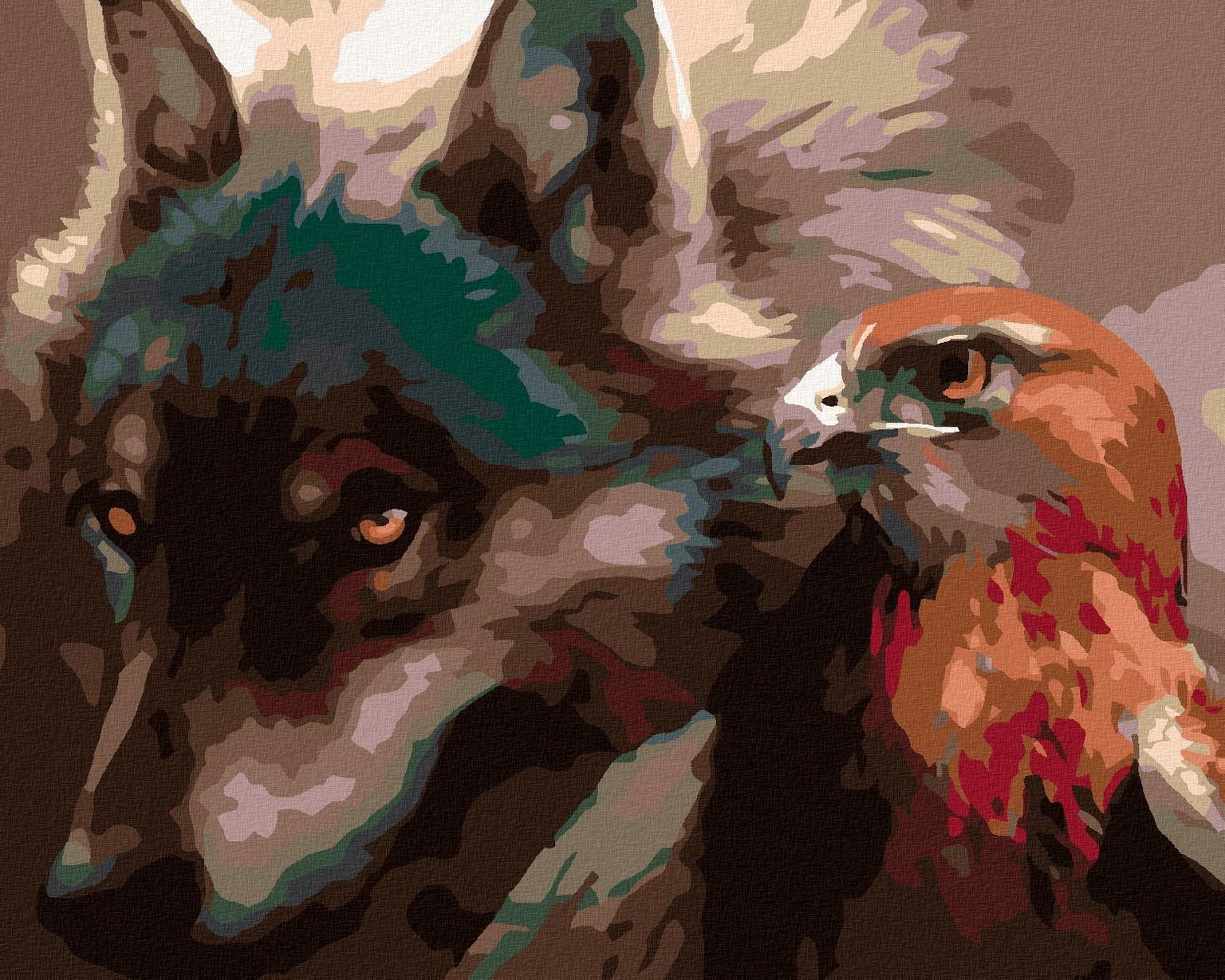 Maľovanie podľa čísel - Vlk s dravcom, 50 x 40 cm, naypnuté plátno na ráme