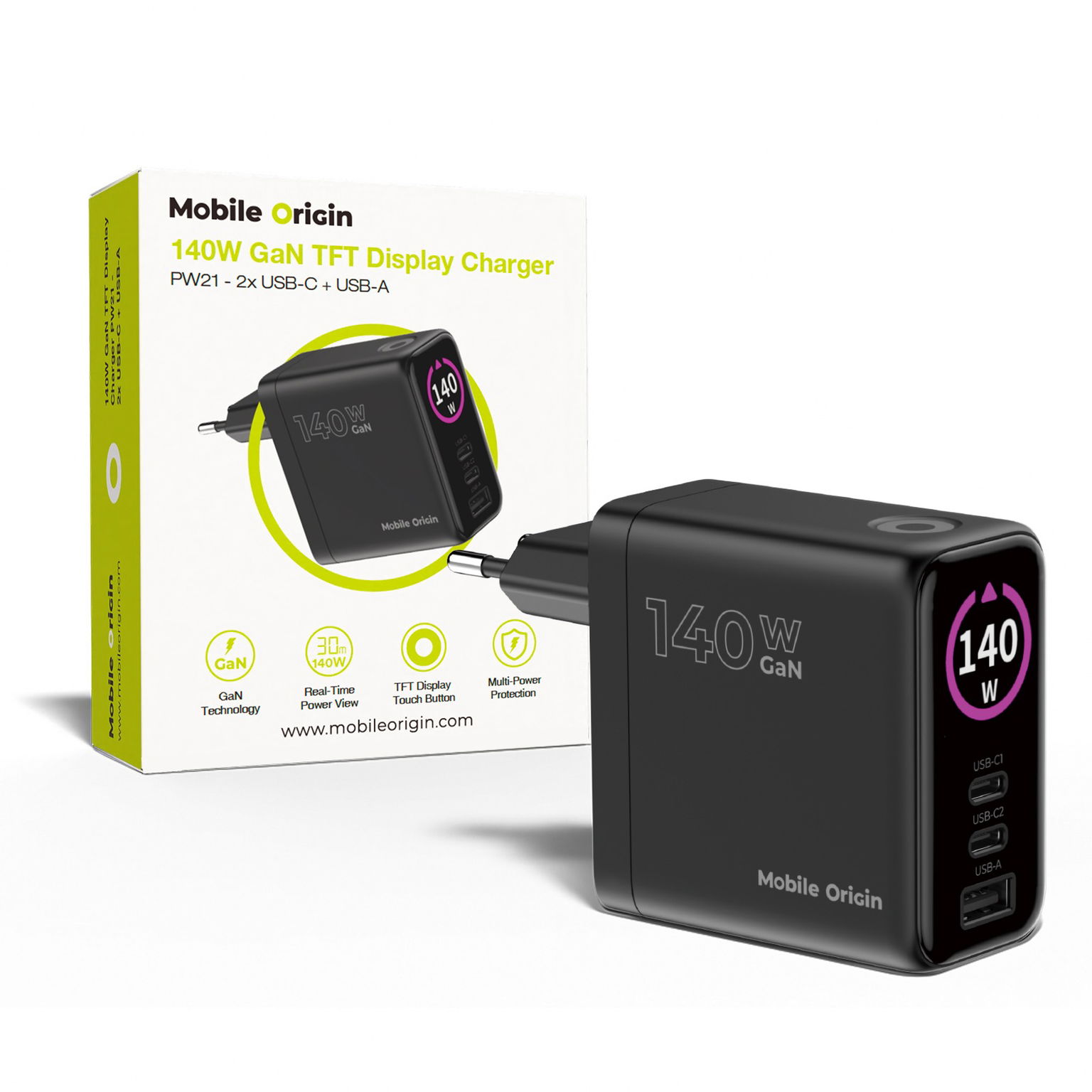 Mobile Origin 140 W GaN Display Charger PW21 – 2× USB-C + USB-A
