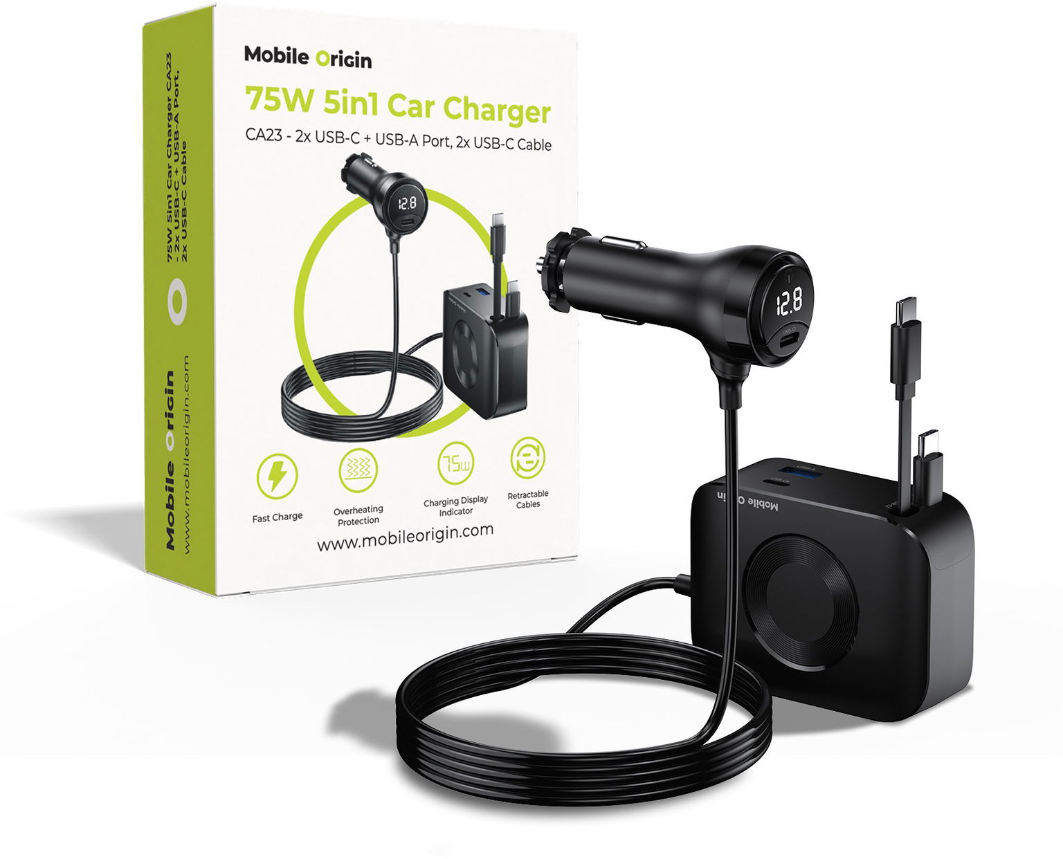 Mobile Origin 75 W 5 in 1 Car Charger CA23 – 2× USB-C + USB-A Port, 2× USB-C Cable