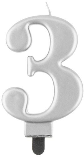 Narodeninová sviečka na tortu – 3 – metalická strieborná – 8 cm
