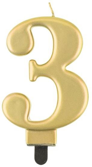Narodeninová sviečka na tortu – 3 – metalická zlatá – 8 cm