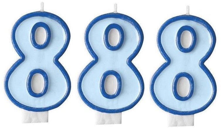 PARTYDECO Narodeninová sviečka 8, modrá, 7 cm, 3 ks