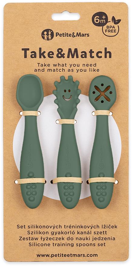 PETITE&MARS Set silikónových tréningových lyžičiek Take&Match Misty Green 3 ks