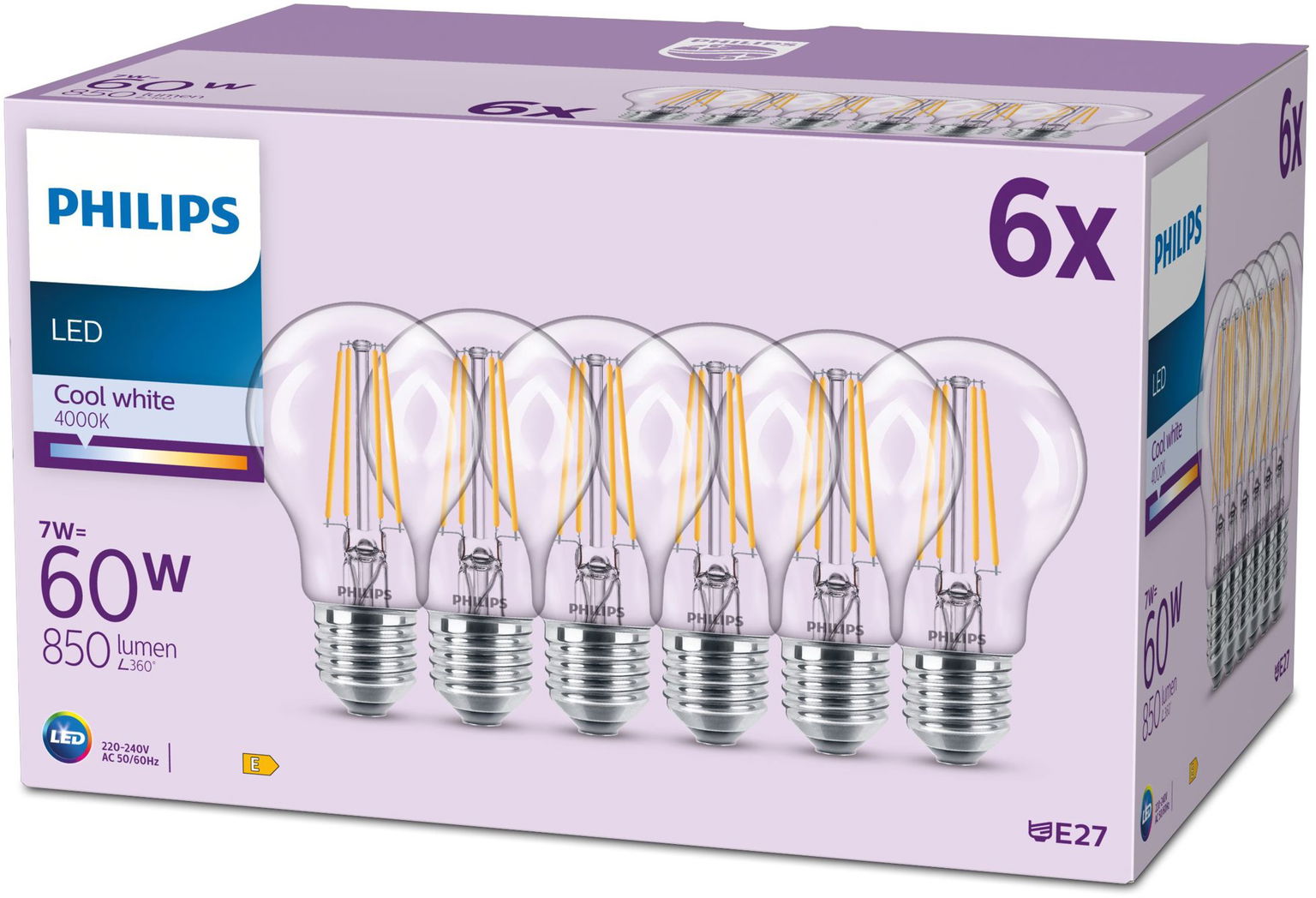 Philips Classic A60, E27, 60 W, studená biela, 6 ks