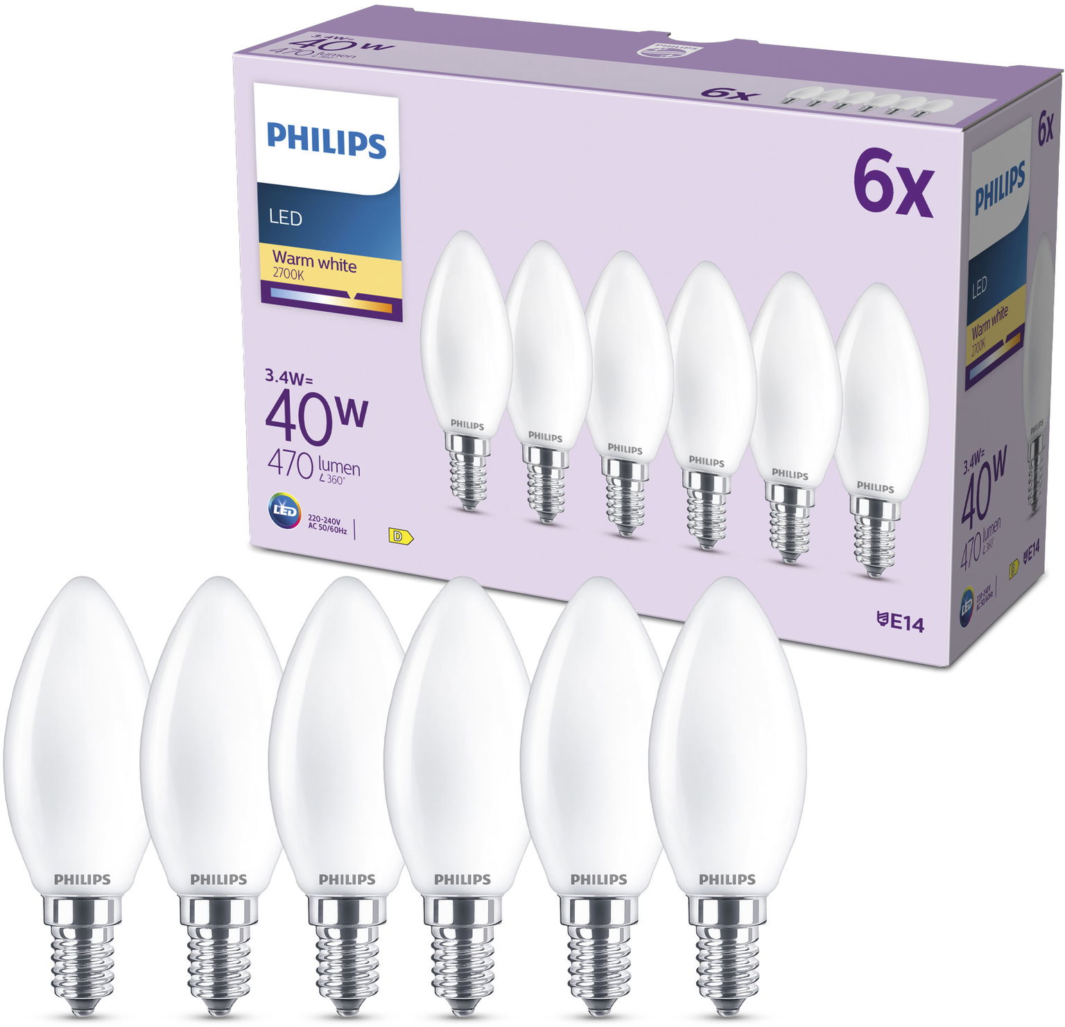 Philips Classic B35, E14, 40 W, teplá biela, mliečna, 6 ks