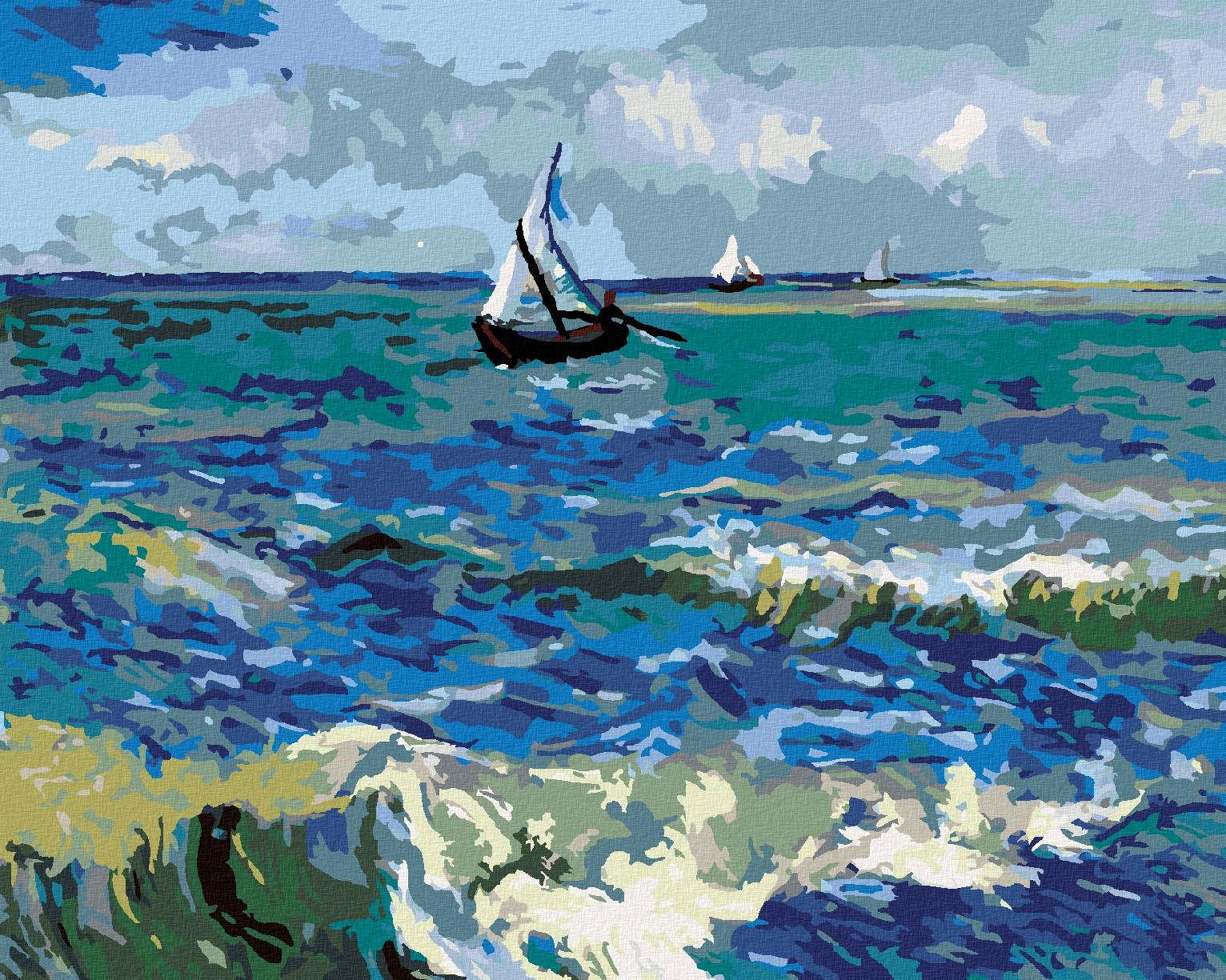 Plachetnice a maľované more, 80 × 100 cm, plátno napnuté na rám