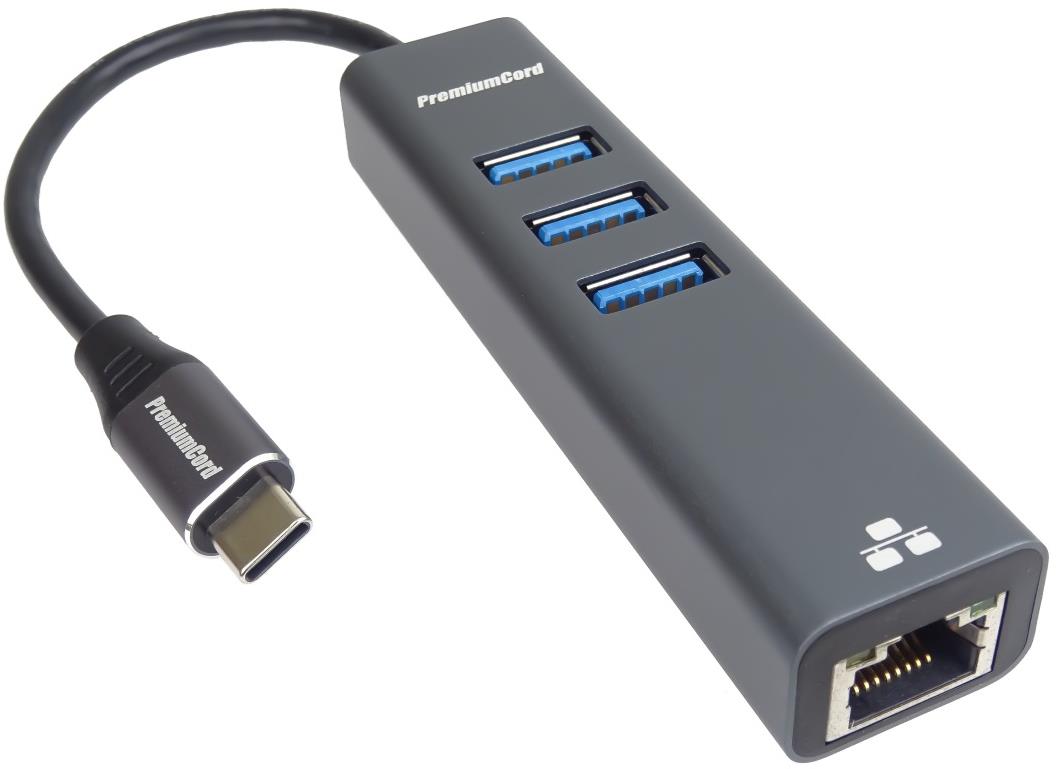 PremiumCord Adaptér USB-C na Gigabit 10 / 100 / 1 000 Mbps + 3× USB3.2 konektor