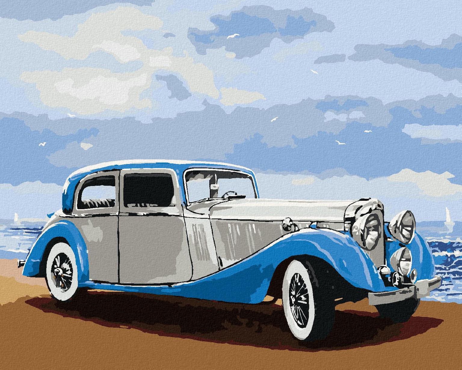 Retro auto pri mori, 40×50 cm, bez rámu a bez vypnutia plátna