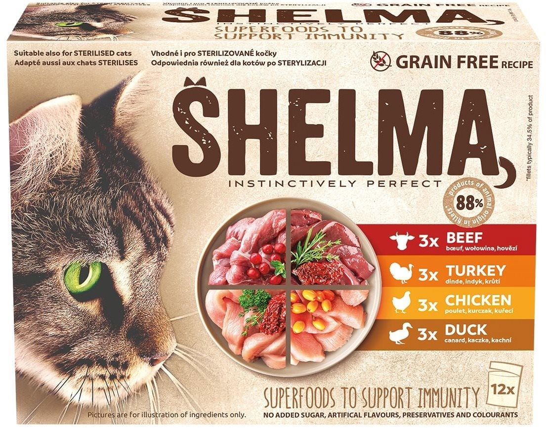 Shelma, kapsička pre mačky, 4 druhy mäsa, 12× 85 g