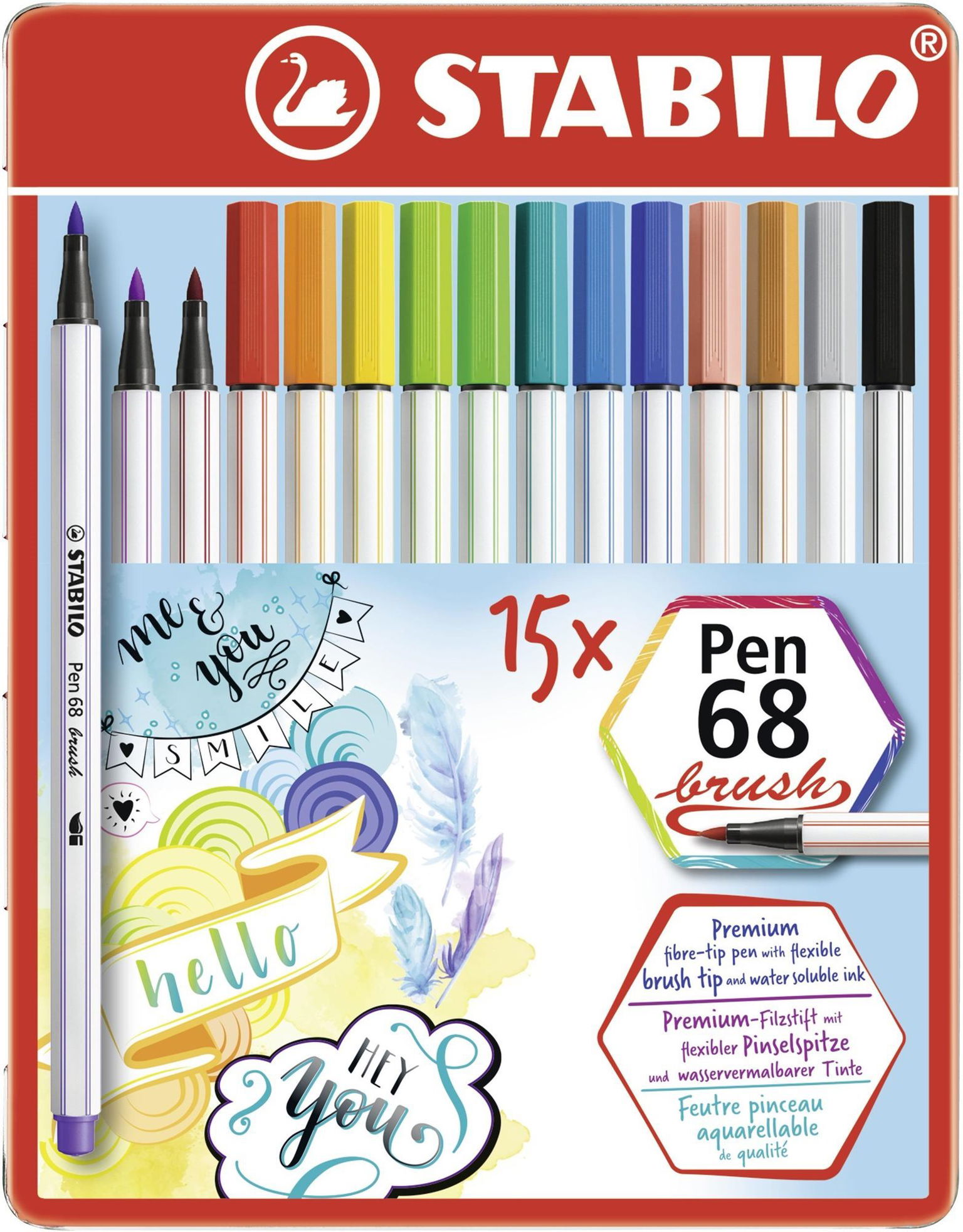 STABILO Pen 68 brush, 15 ks, kovové puzdro