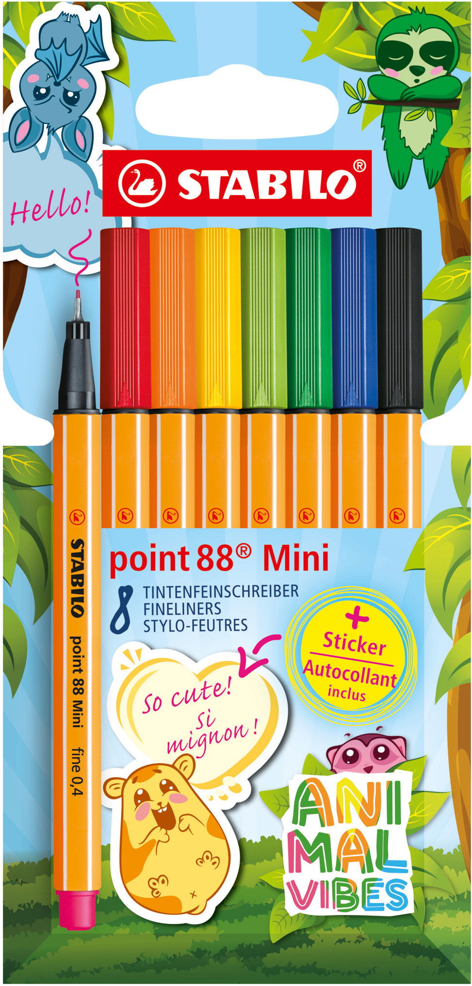 STABILO point 88 Mini Animal Vibes so samolepkami – sada 8 ks