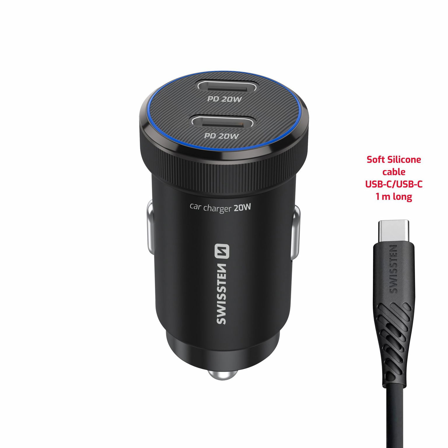 Swissten CL Adaptér 2× USB-C PD 20 W čierny + kábel USB-C/USB-C 1 m