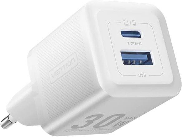 Vention 2-Port USB (C + A) GaN Charger (30 W/30 W) EU-Plug White