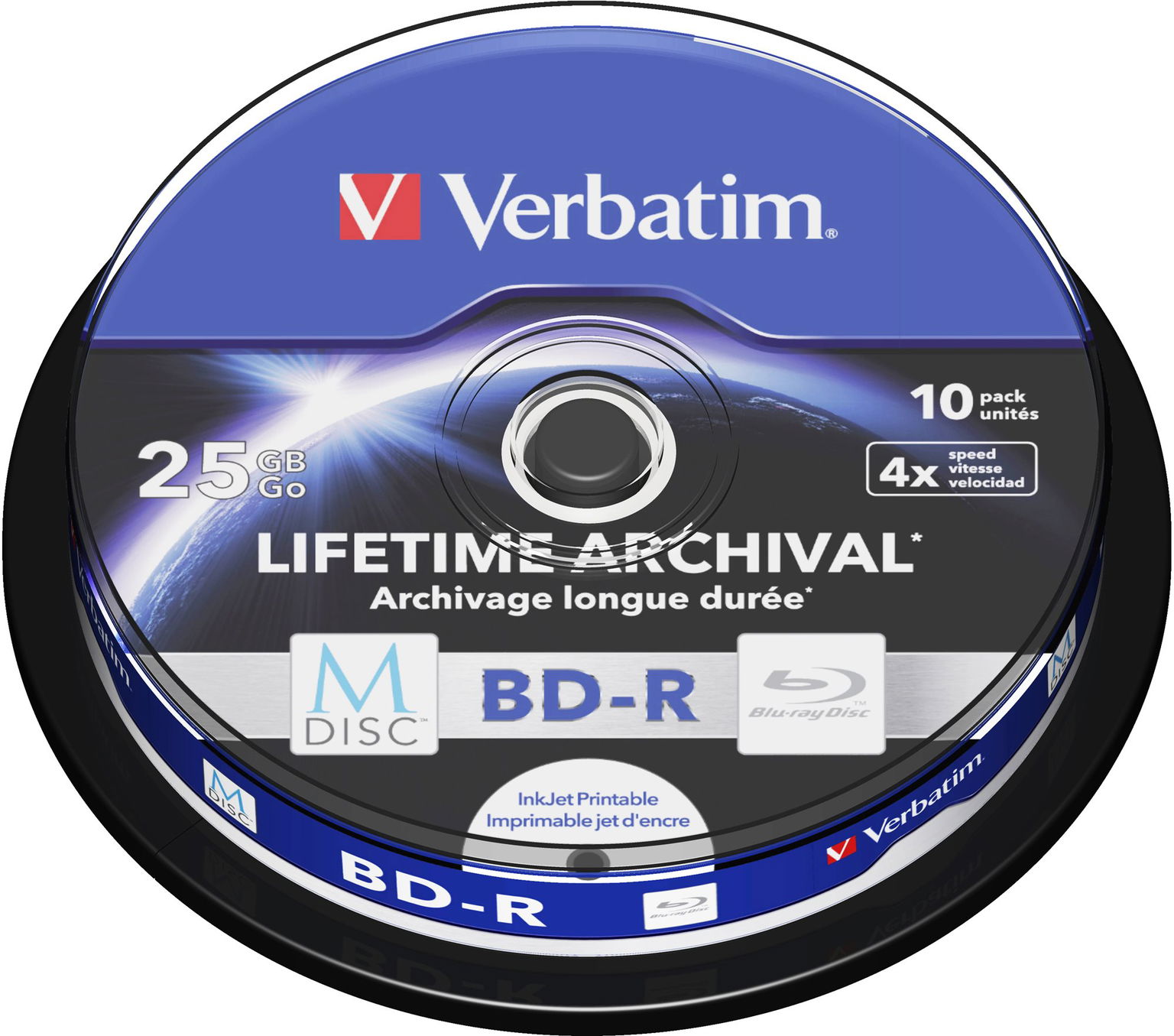 VERBATIM M-DISC BD-R SL 25 GB 4× INKJET PRINTABLE spindle 10pck/BAL