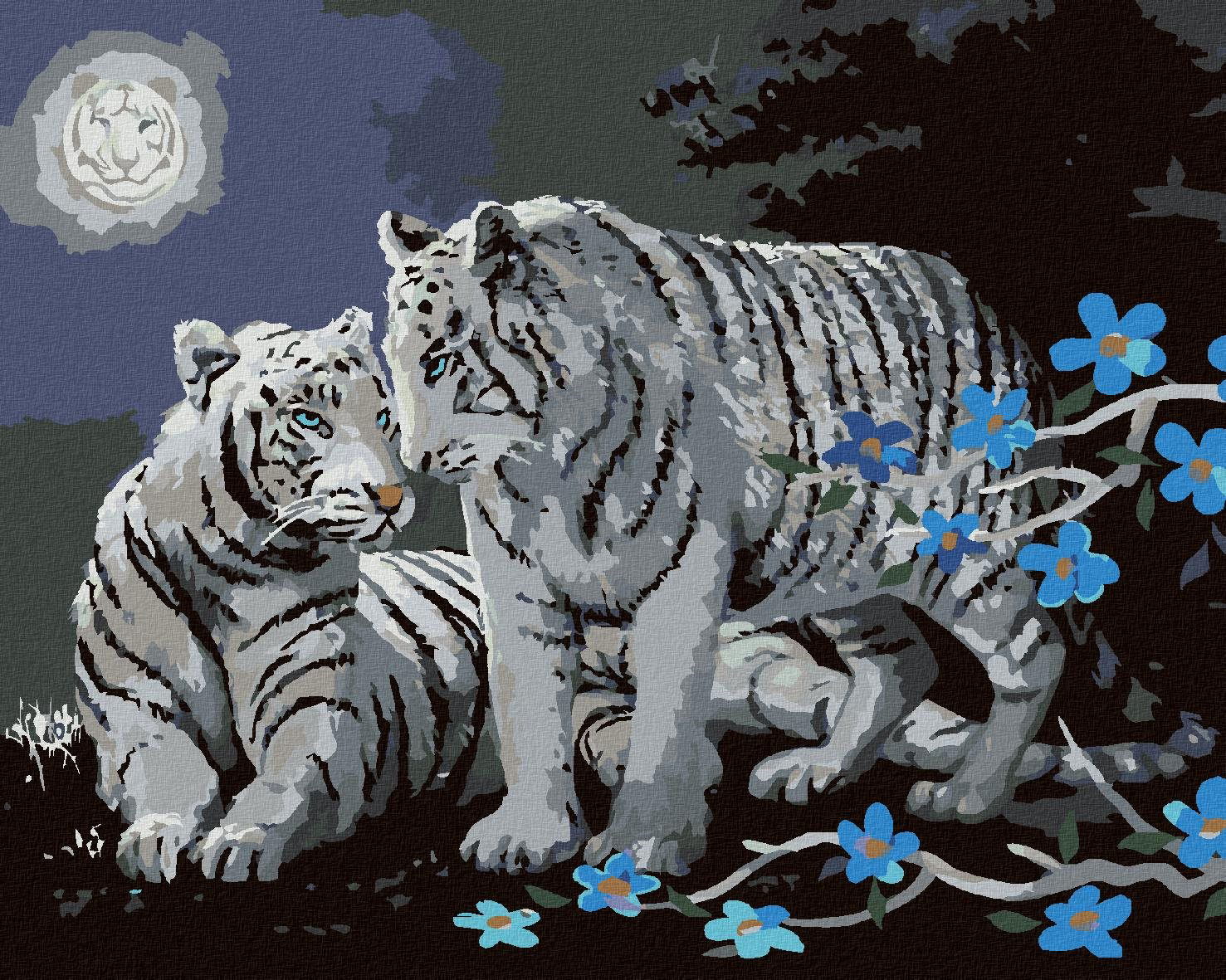 Zuty – Maľovanie podľa čísel – Biely tiger, modré kvety a spln (D. Rusty Rust), 40 × 50 cm, plátno + rám