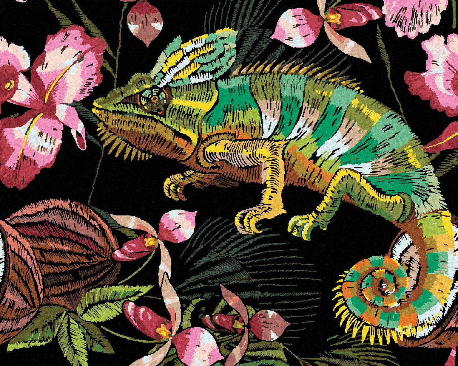 Zuty – Maľovanie Podľa Čísel – Chameleón A Orchidey, 80 × 100 cm, Plátno