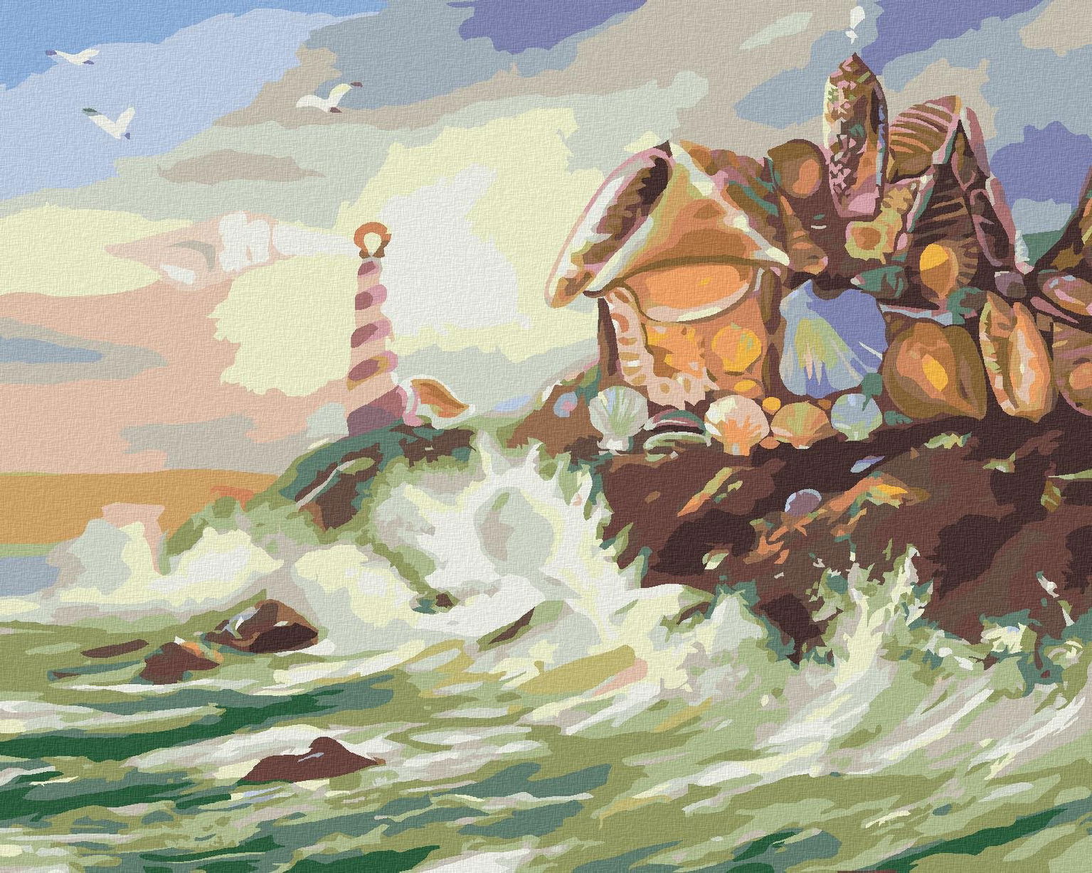 Zuty – Maľovanie Podľa Čísel – Dom A Maják Z Mušlí A Vlny (D. Rusty Rust), 40 × 50 cm, Plátno + Rám