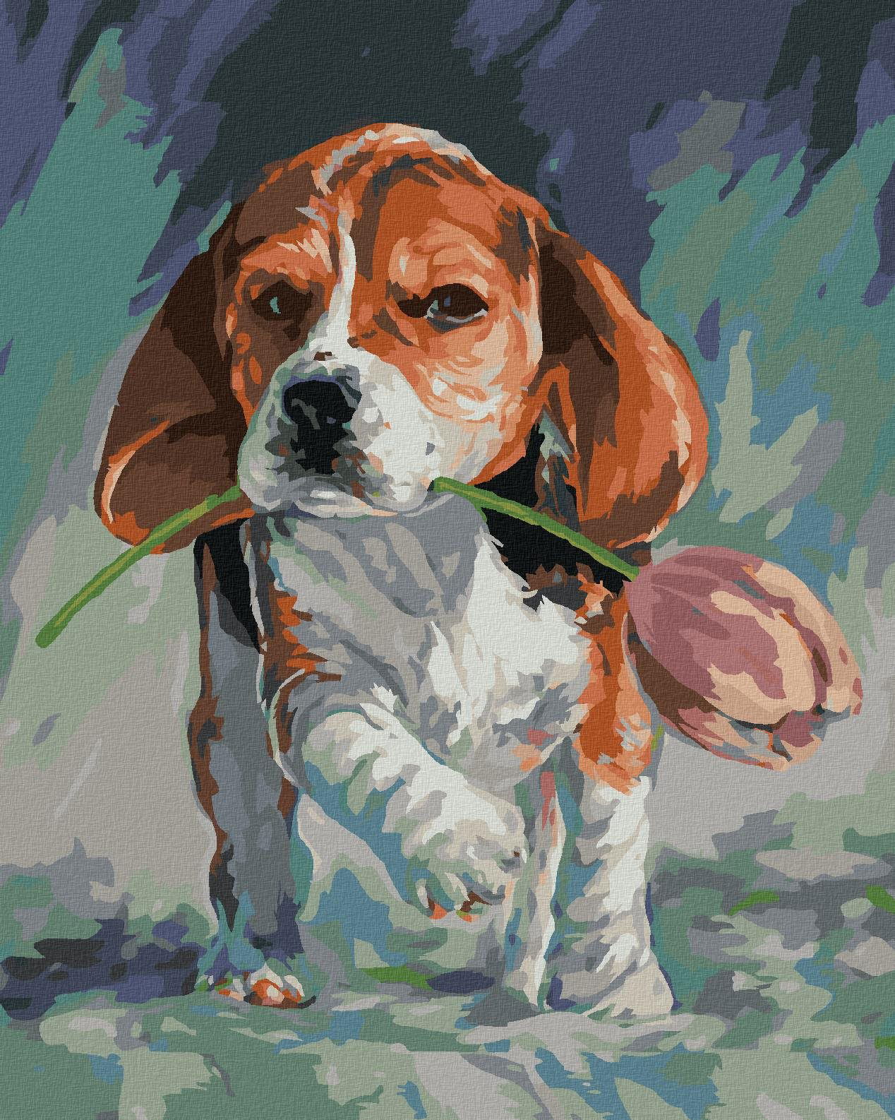 Zuty – Maľovanie Podľa Čísel – Psík S Tulipánom, 80 × 100 cm, Plátno