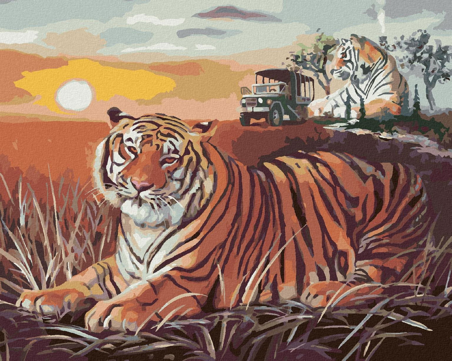 Zuty – Maľovanie podľa čísel – Tiger a západ slnka na savane (D. Rusty Rust), 40 × 50 cm, plátno