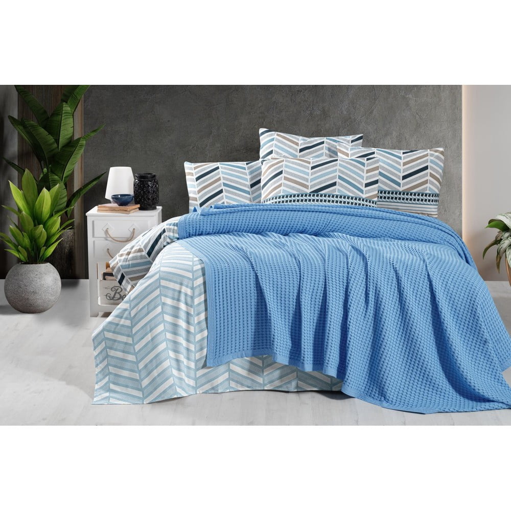 Modrý bavlnený pléd 220x240 cm Waffle – Mila Home