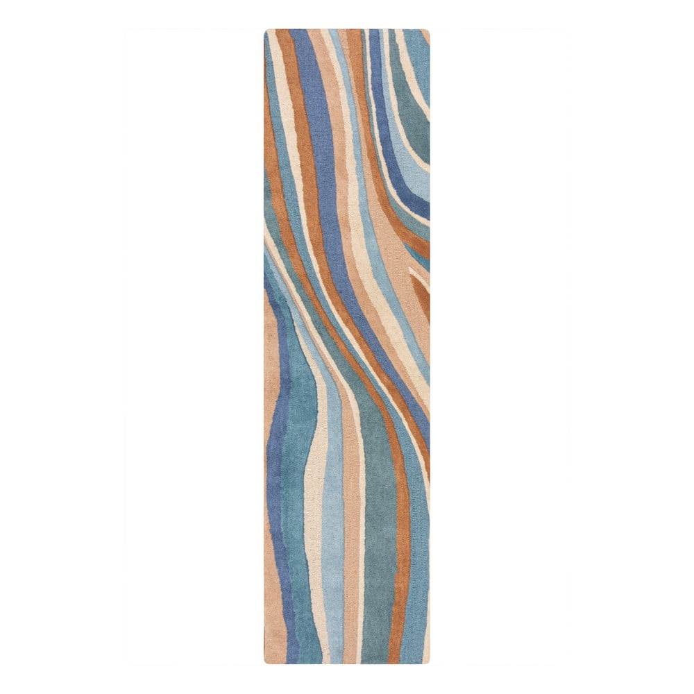 Modrý ručne tkaný vlnený behúň 60x230 cm Abstract Flow – Flair Rugs