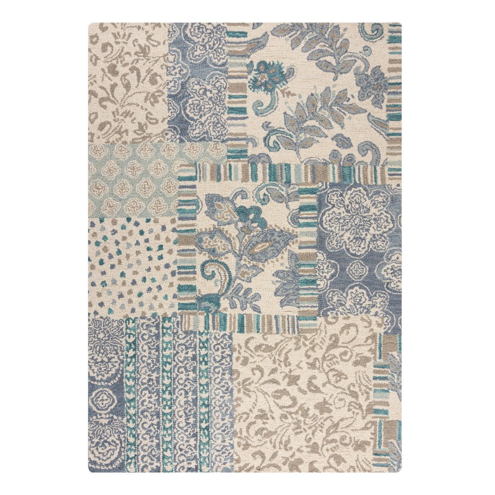 Modrý/béžový ručne tkaný vlnený koberec 200x290 cm Eloise Patchwork – Flair Rugs