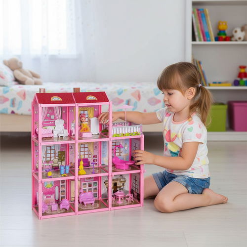 Trojposchodový domček pre bábiky s balkónom – bábika + 22 kusov nábytku