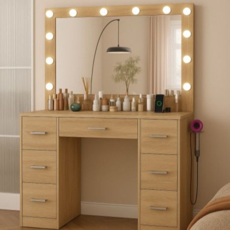 Veľký kozmetický stolík s osvetlením 80 × 40 × 110 cm – hnedý toaletný stolík