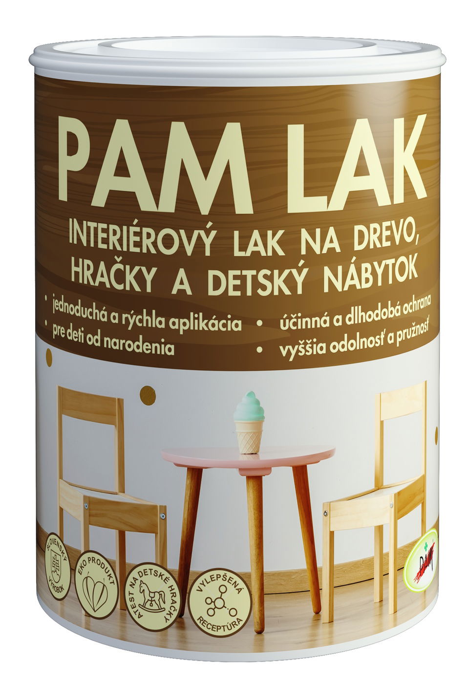 PAM Lak - Interiérový lak na drevo, hračky a detský nábytok matný 10 l