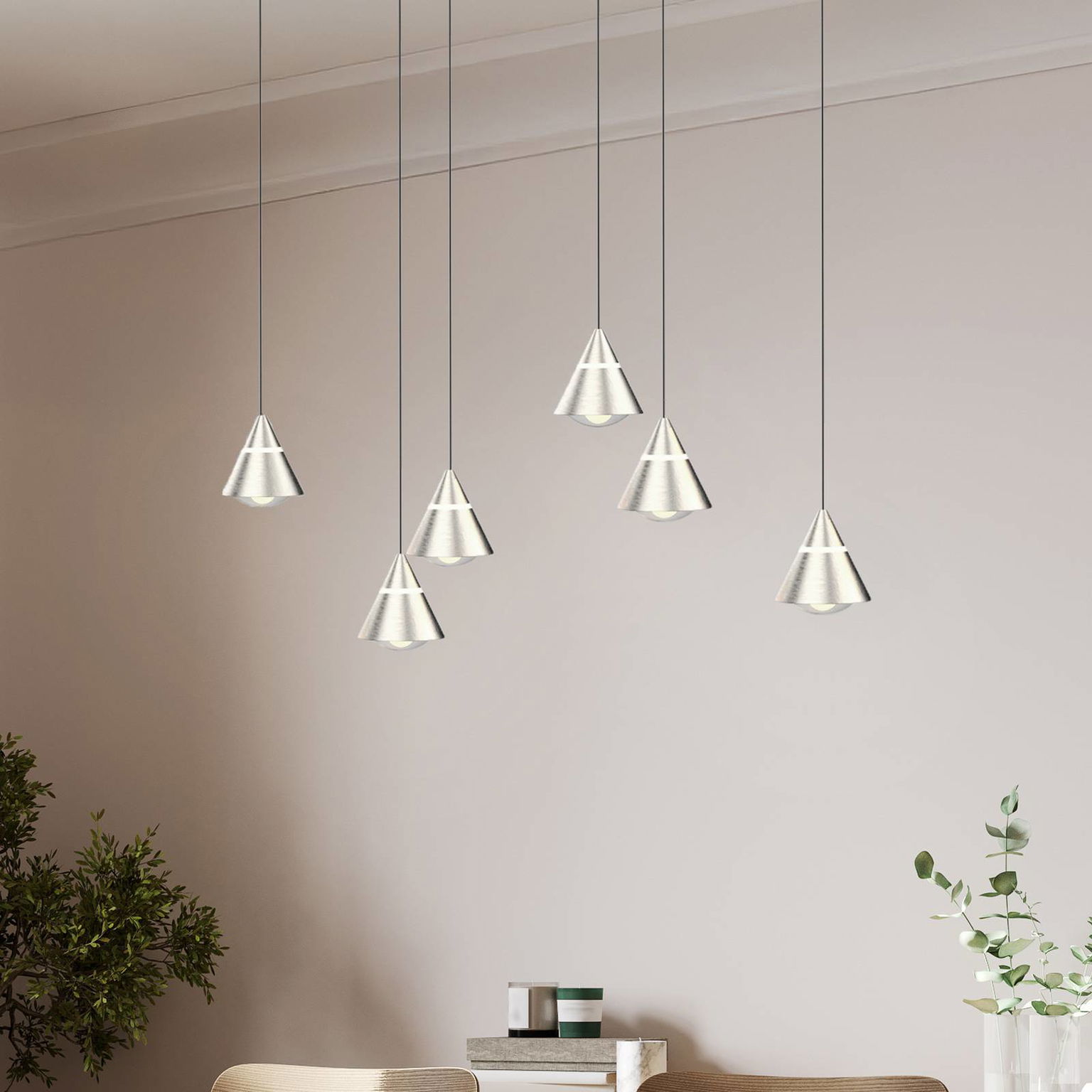 LED závesné svietidlo Romeo, dĺžka 75 cm, niklová farba, kov, 6-pl.