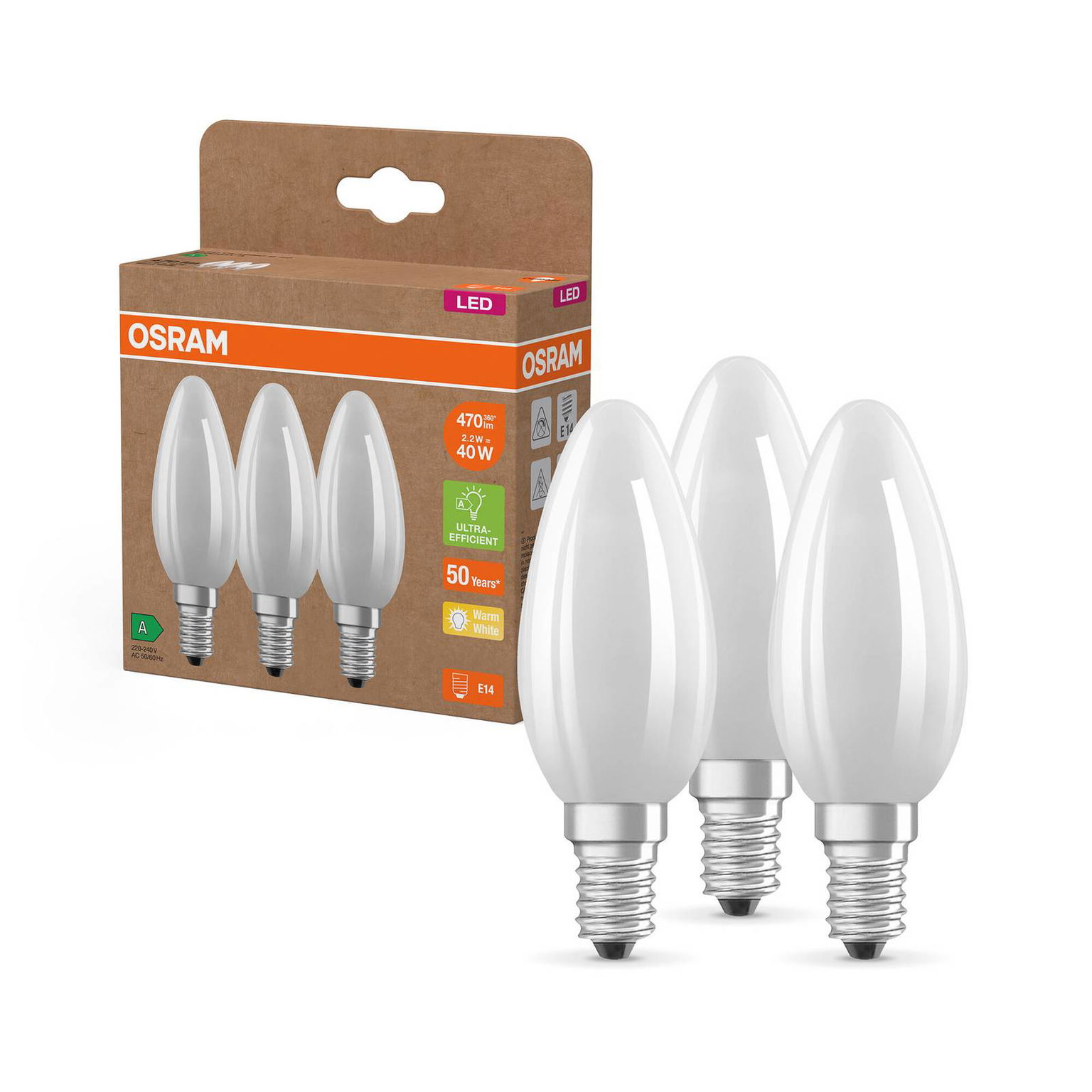 OSRAM LED sviečka matná E14 2,2W 827 EEK A 3-pack – obrázok 2