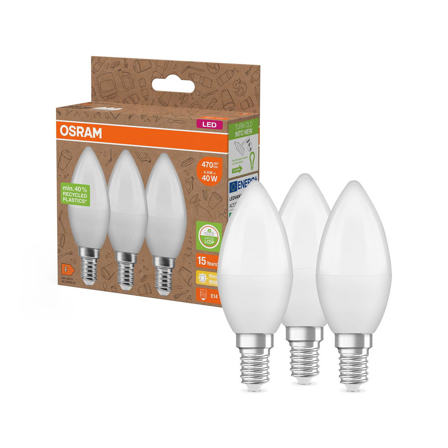 OSRAM LED žiarovka opál E14 4,9W 827 3-pack – obrázok 2