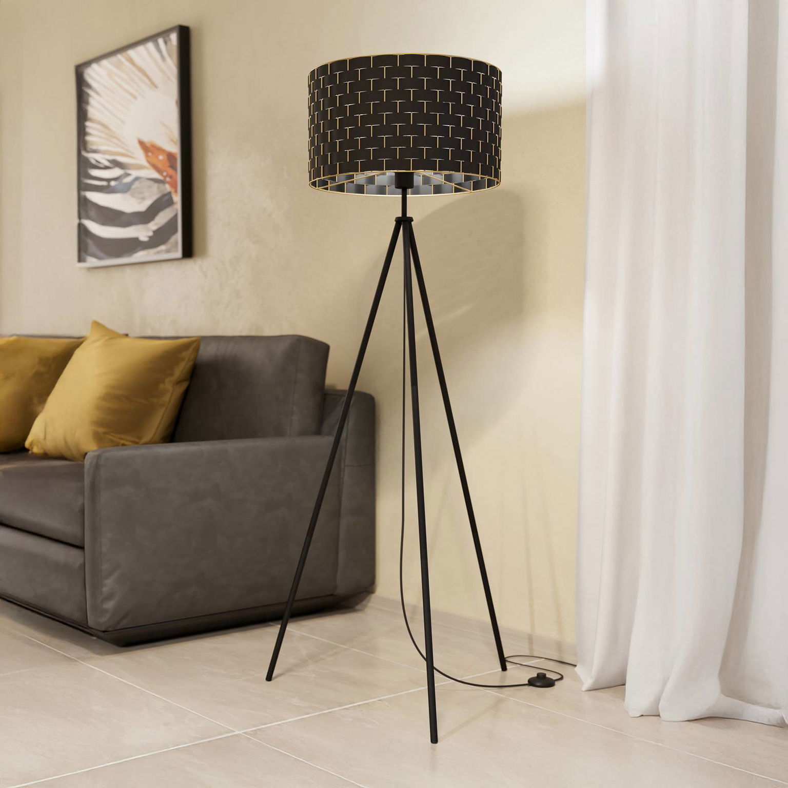 Stojaca lampa Marasales z textilu, trojnožka