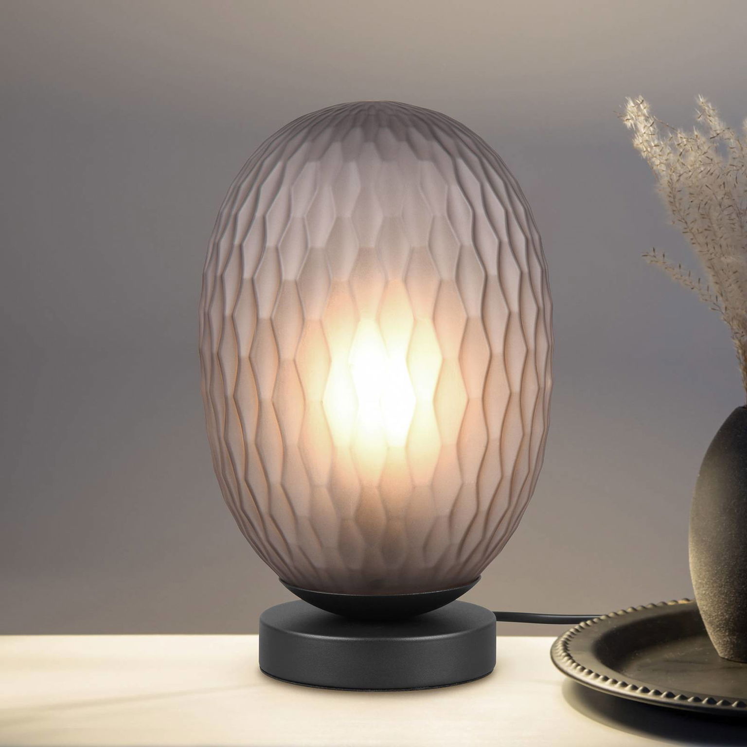 Stolná lampa Facette, dymovo sivá, výška 29 cm, sklo, E27