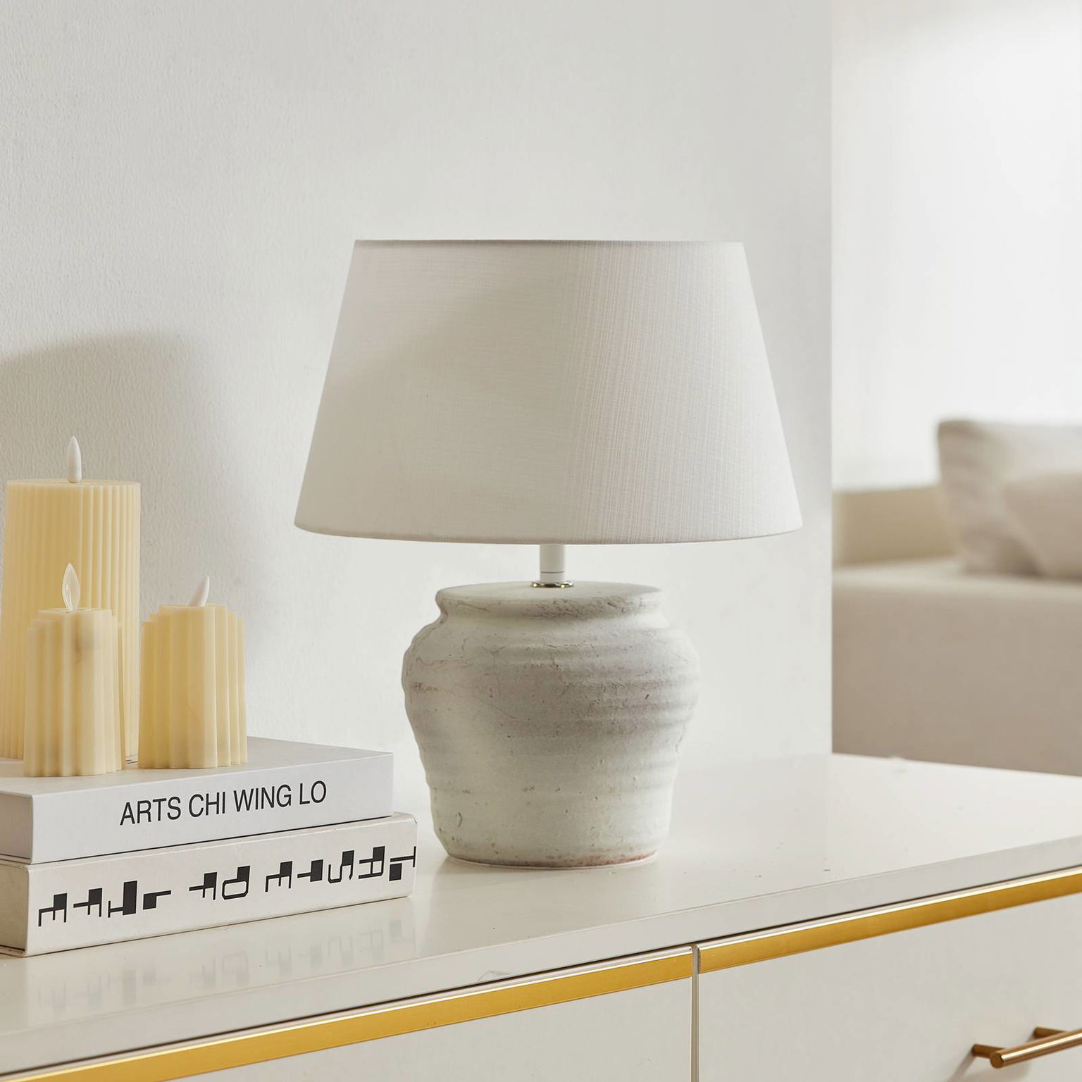 Stolná lampa Lindby Aelith, Ø 30 cm, biela, keramika, E27 – obrázok 2