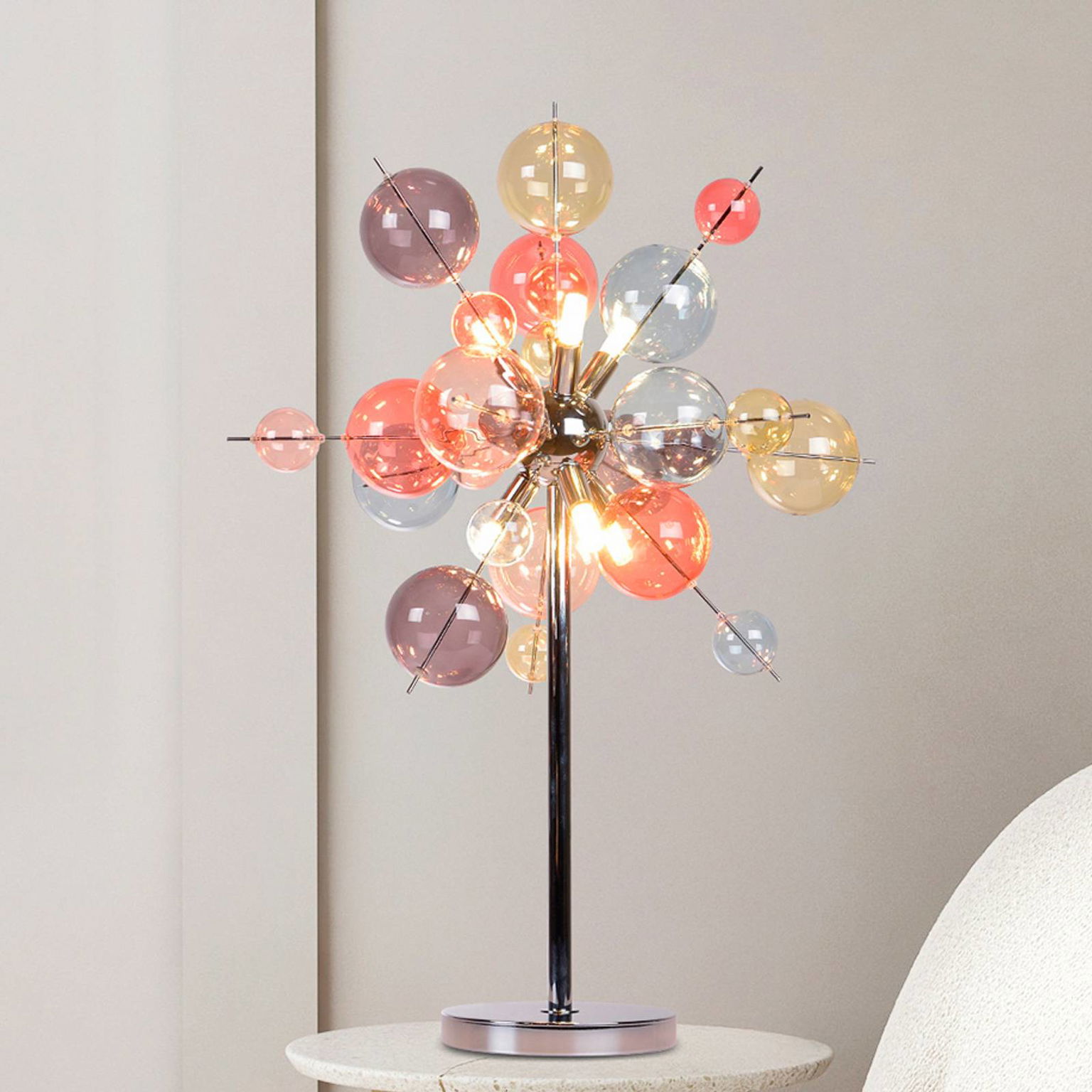Stolová lampa Explosion, sklo, pastelové farby, chróm, G9